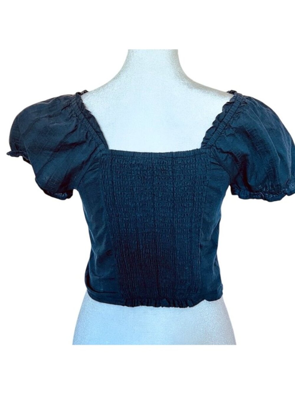 Coquette Navy Womens Sz S Crop Top Milkmaid Puff Sleeve Country Renn Faire - Picture 3 of 9